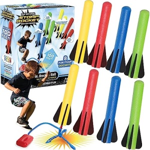 Stomp Rocket Original Jr. Rockets Launcher for Kids - Soars 100 Ft - 8 Multi Color Foam Rockets and 1 Adjustable Launcher Stand - Fun Outdoor or Indoor Toy and Gift for Boys or Girls Age 3+ Years Old
